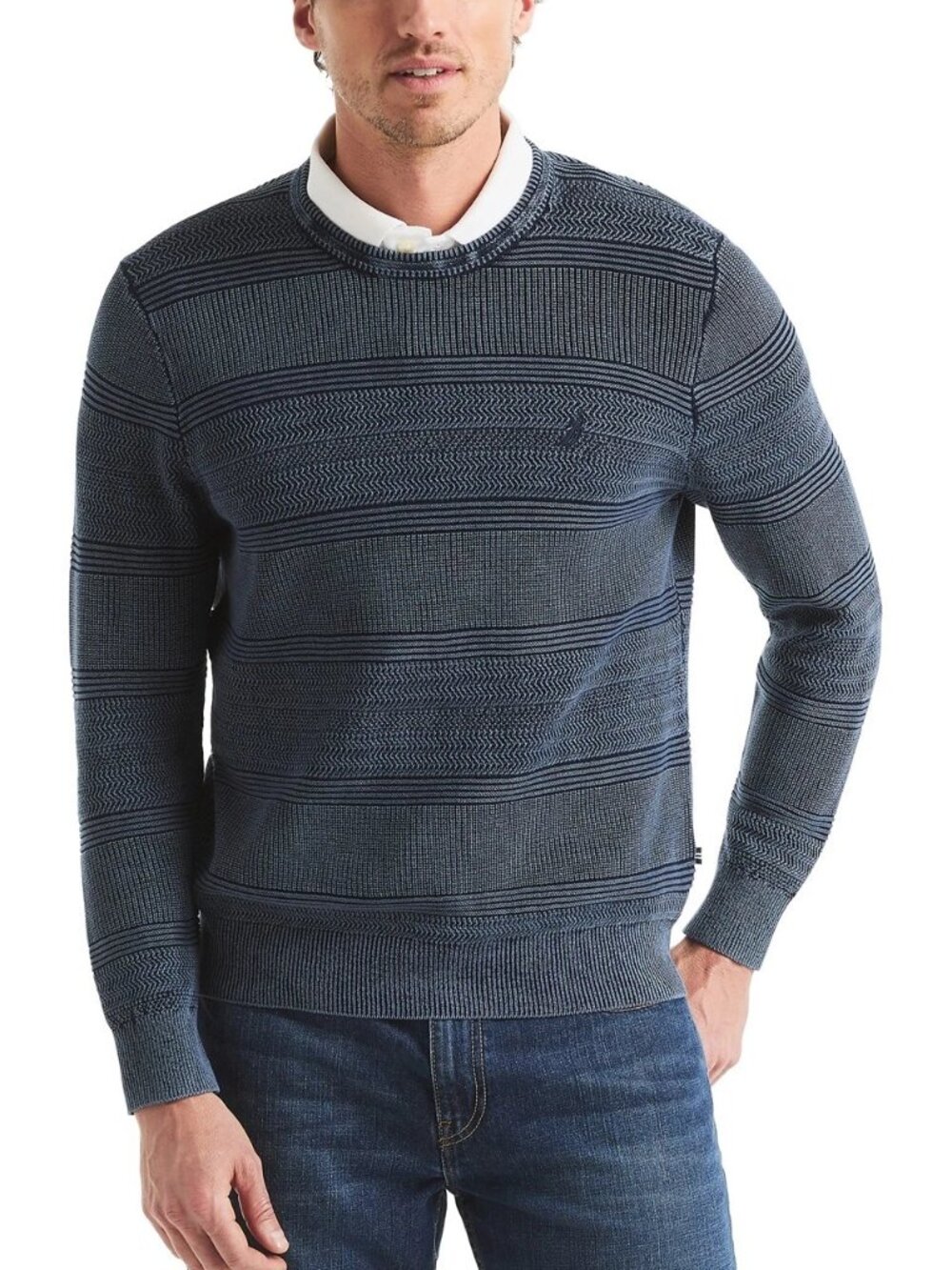 NWT Nautica Sweater Men's L Stonewashed Crewneck Blue Ribbed Textured Fisherman